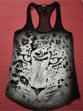 Express Black and Gray Leopard Face Racerback Tank
